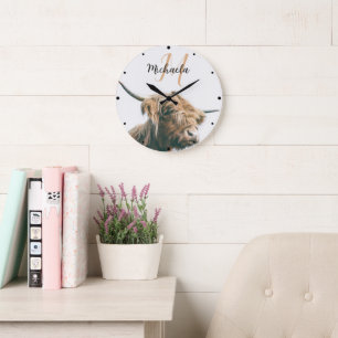 Highland cow portrait custom name initial monogram large clock