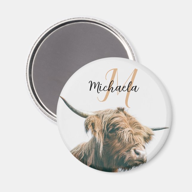 Highland cow portrait custom name initial monogram magnet (Front/Back)
