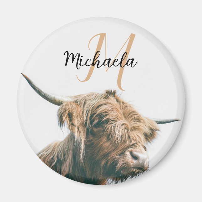 Highland cow portrait custom name initial monogram magnet (Front)