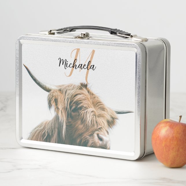Highland cow portrait custom name initial monogram metal lunch box (In Situ)