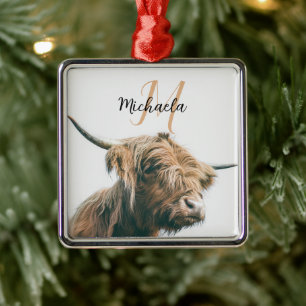 Highland cow portrait custom name initial monogram metal tree decoration