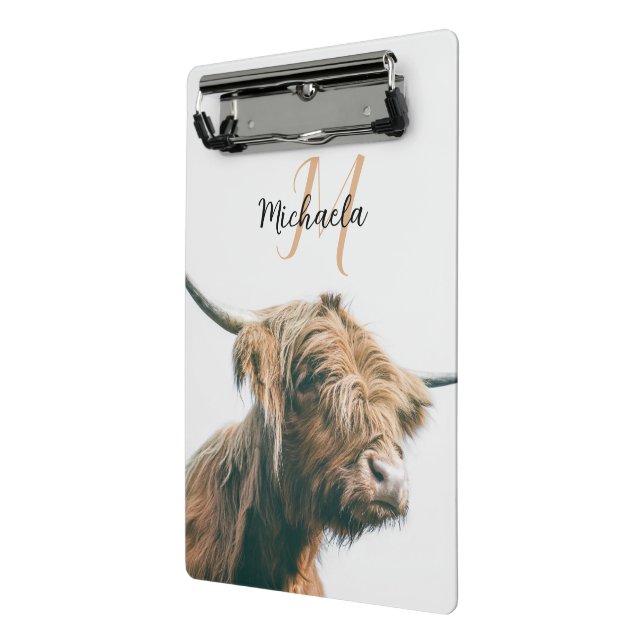 Highland cow portrait custom name initial monogram mini clipboard (Angled2)