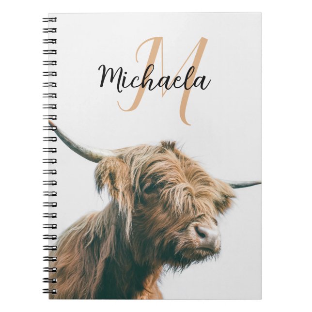 Highland cow portrait custom name initial monogram notebook (Front)