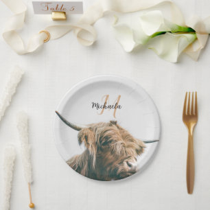 Highland cow portrait custom name initial monogram paper plate