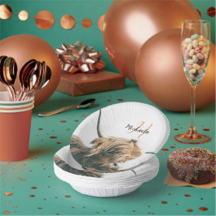 Highland cow portrait custom name initial monogram paper plate