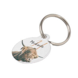 Highland cow portrait custom name initial monogram pet tag