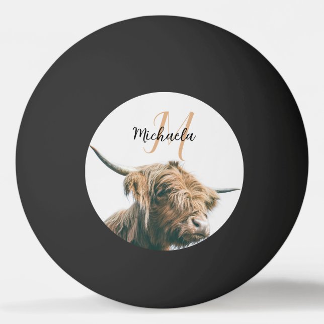 Highland cow portrait custom name initial monogram ping pong ball (Front)