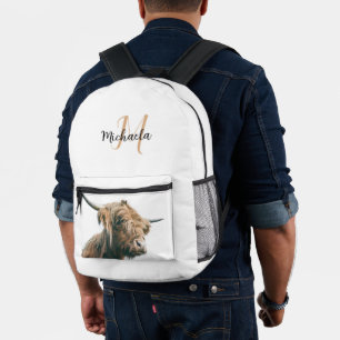 Highland cow portrait custom name initial monogram printed backpack