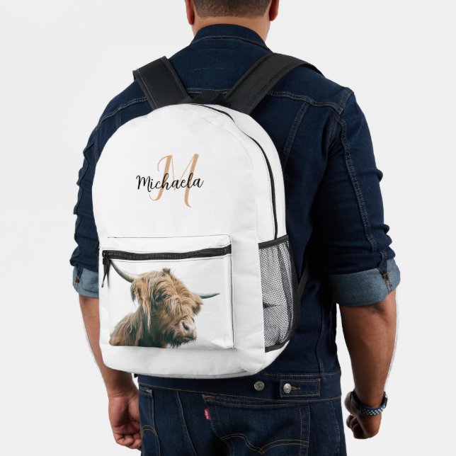 Highland cow portrait custom name initial monogram printed backpack (Insitu (Model))