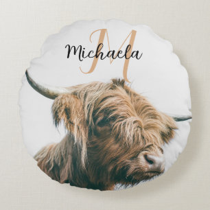 Highland cow portrait custom name initial monogram round cushion