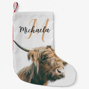 Highland cow portrait custom name initial monogram small christmas stocking
