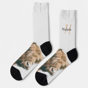 Highland cow portrait custom name initial monogram socks