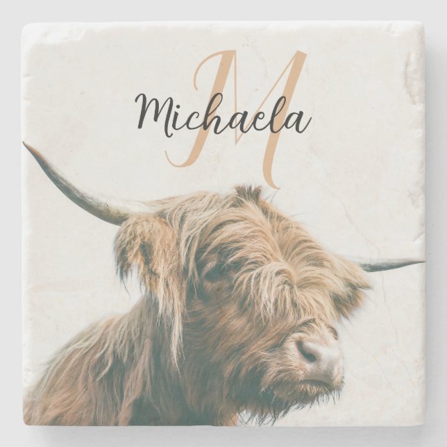 Highland cow portrait custom name initial monogram stone coaster (Front)