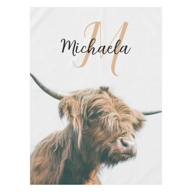 Highland cow portrait custom name initial monogram tablecloth (Front)