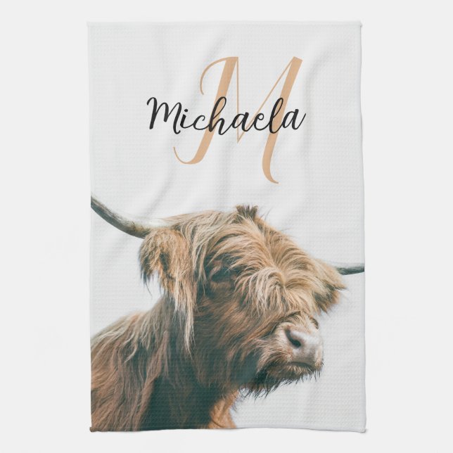 Highland cow portrait custom name initial monogram tea towel (Vertical)