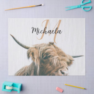 Highland cow portrait custom name initial monogram tissue paper