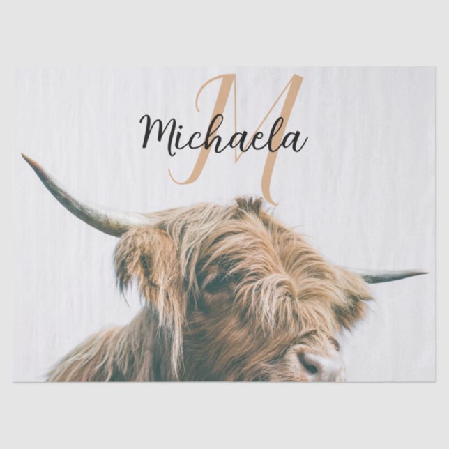 Highland cow portrait custom name initial monogram tissue paper (Front)