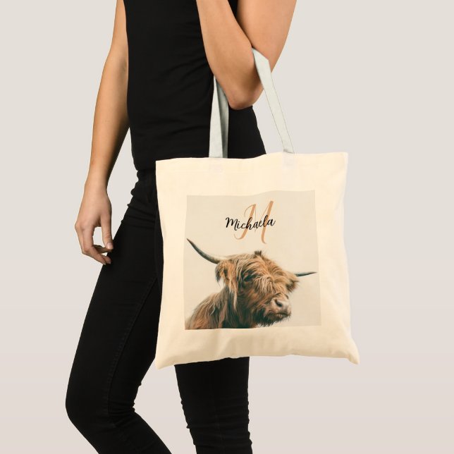 Highland cow portrait custom name initial monogram tote bag (Front (Product))