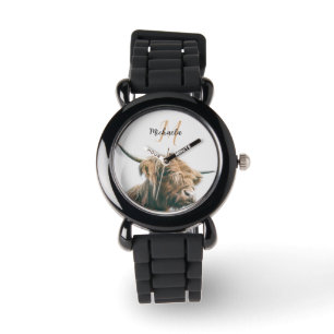 Highland cow portrait custom name initial monogram watch