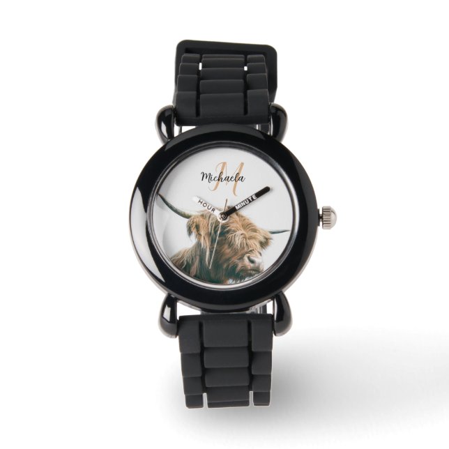 Highland cow portrait custom name initial monogram watch (Front)