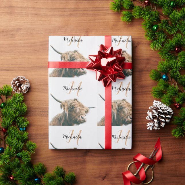 Highland cow portrait custom name initial monogram wrapping paper (Holiday Gift)
