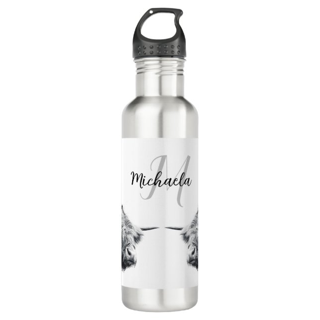 Highland cow portrait initial monogram black white 710 ml water bottle (Front)