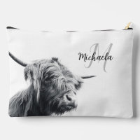 Highland cow portrait initial monogram black white