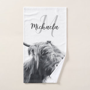 Highland cow portrait initial monogram black white bath towel set