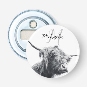 Highland cow portrait initial monogram black white bottle opener