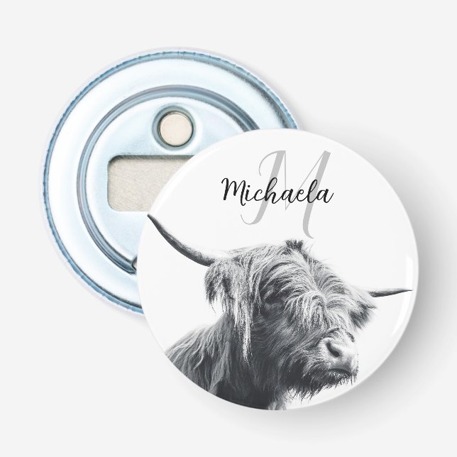 Highland cow portrait initial monogram black white bottle opener (Front)