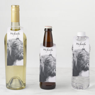 Highland cow portrait initial monogram black white bottle tag