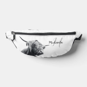 Highland cow portrait initial monogram black white bum bags