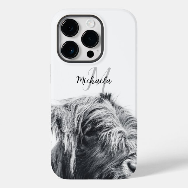 Highland cow portrait initial monogram black white Case-Mate iPhone case (Back)