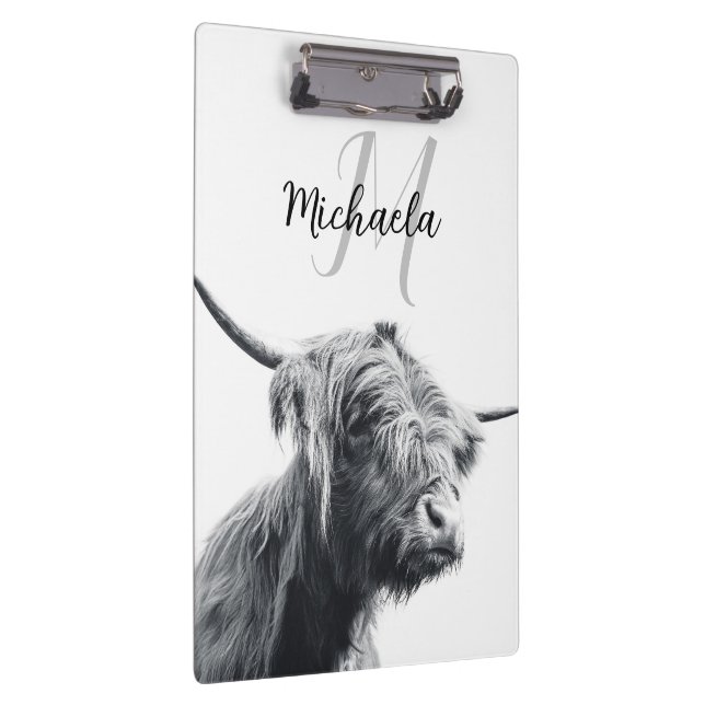 Highland cow portrait initial monogram black white clipboard (Right)