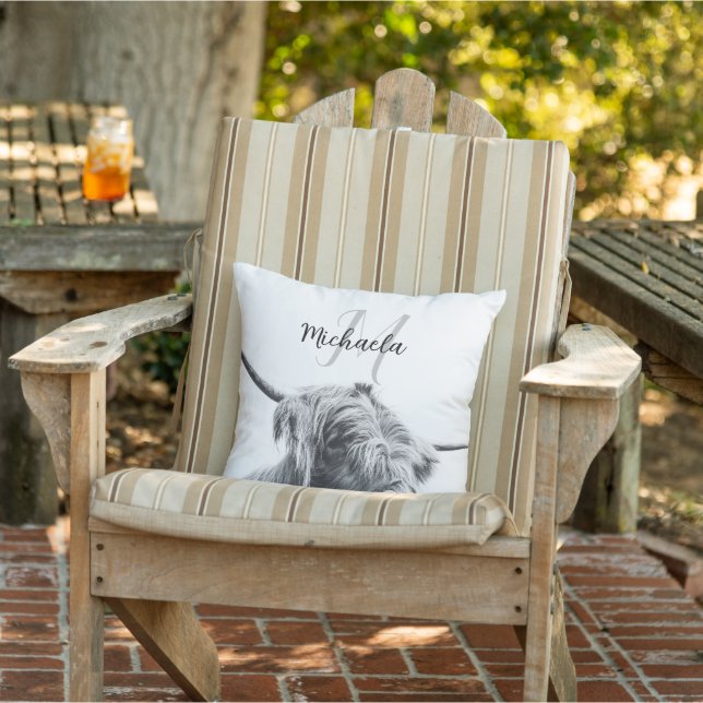 Highland cow portrait initial monogram black white cushion (Chair)