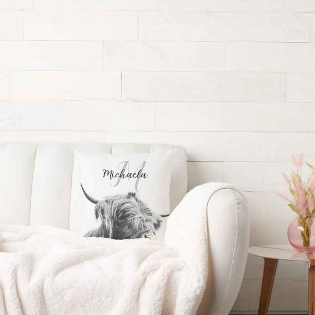 Highland cow portrait initial monogram black white cushion (Couch)