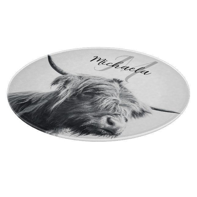 Highland cow portrait initial monogram black white cutting board (Corner)