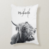 Highland cow portrait initial monogram black white