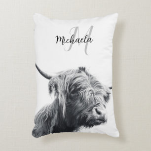 Highland cow portrait initial monogram black white decorative cushion