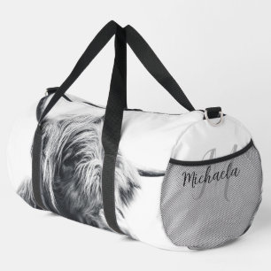 Highland cow portrait initial monogram black white duffle bag