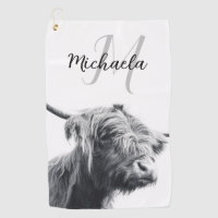Highland cow portrait initial monogram black white