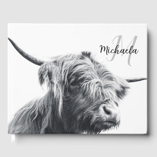 Highland cow portrait initial monogram black white guest book