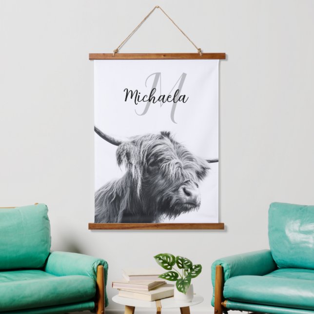 Highland cow portrait initial monogram black white hanging tapestry (Living Room)