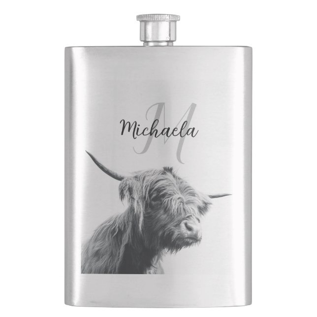 Highland cow portrait initial monogram black white hip flask (Front)