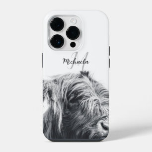 Highland cow portrait initial monogram black white iPhone 14 pro case