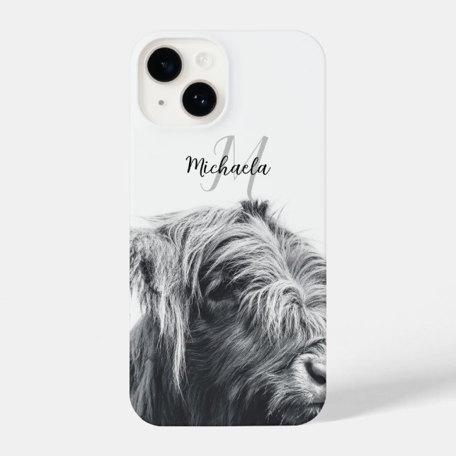 Highland cow portrait initial monogram black white iPhone case (Back)