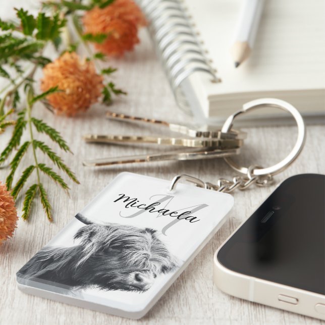 Highland cow portrait initial monogram black white key ring (Front Right)
