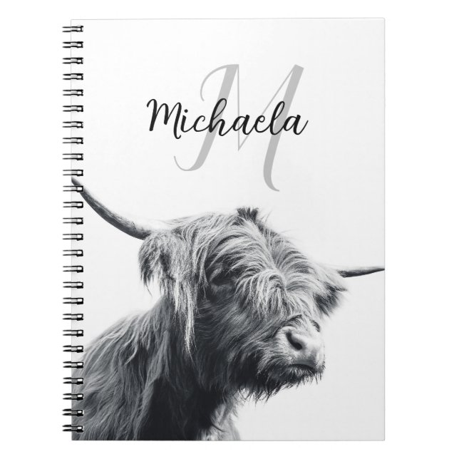 Highland cow portrait initial monogram black white notebook (Front)
