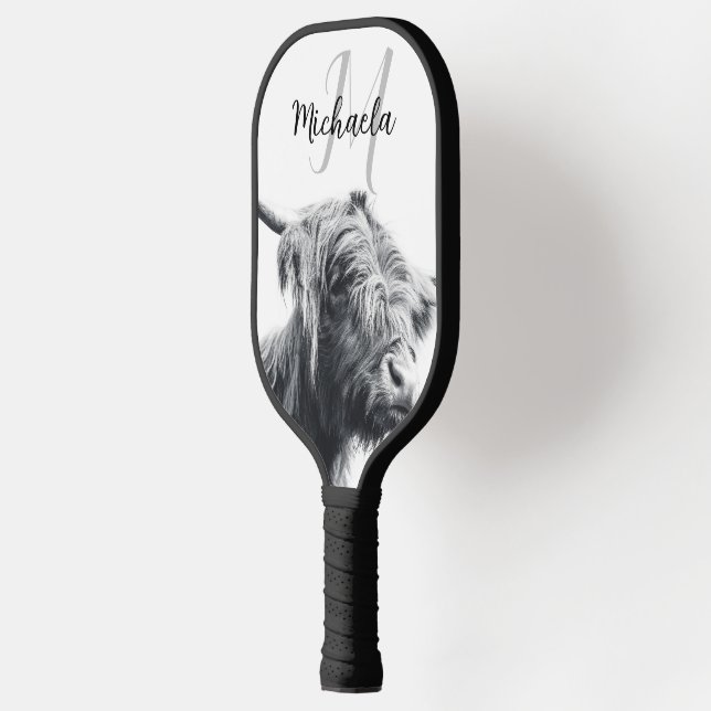 Highland cow portrait initial monogram black white pickleball paddle (Left)
