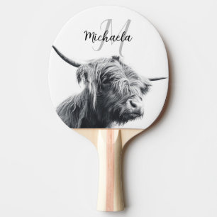 Highland cow portrait initial monogram black white ping pong paddle
